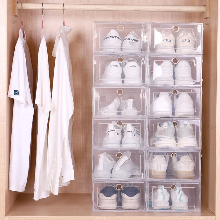 6pcs/Set Fold Plastic Shoes Case Thickened Transparent Drawer Case Plastic Shoe Boxes Stackable Box Shoe Organizer Shoebox