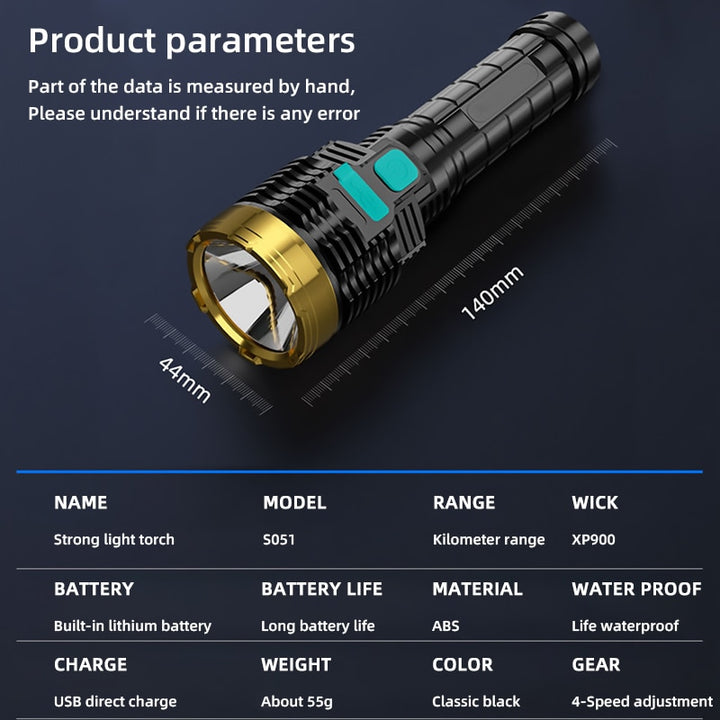 Outdoor Portable Flashlight  Home Built-in Battery Rechargeable Multi-function Torch Super Bright ABS Strong Light Focusing Led